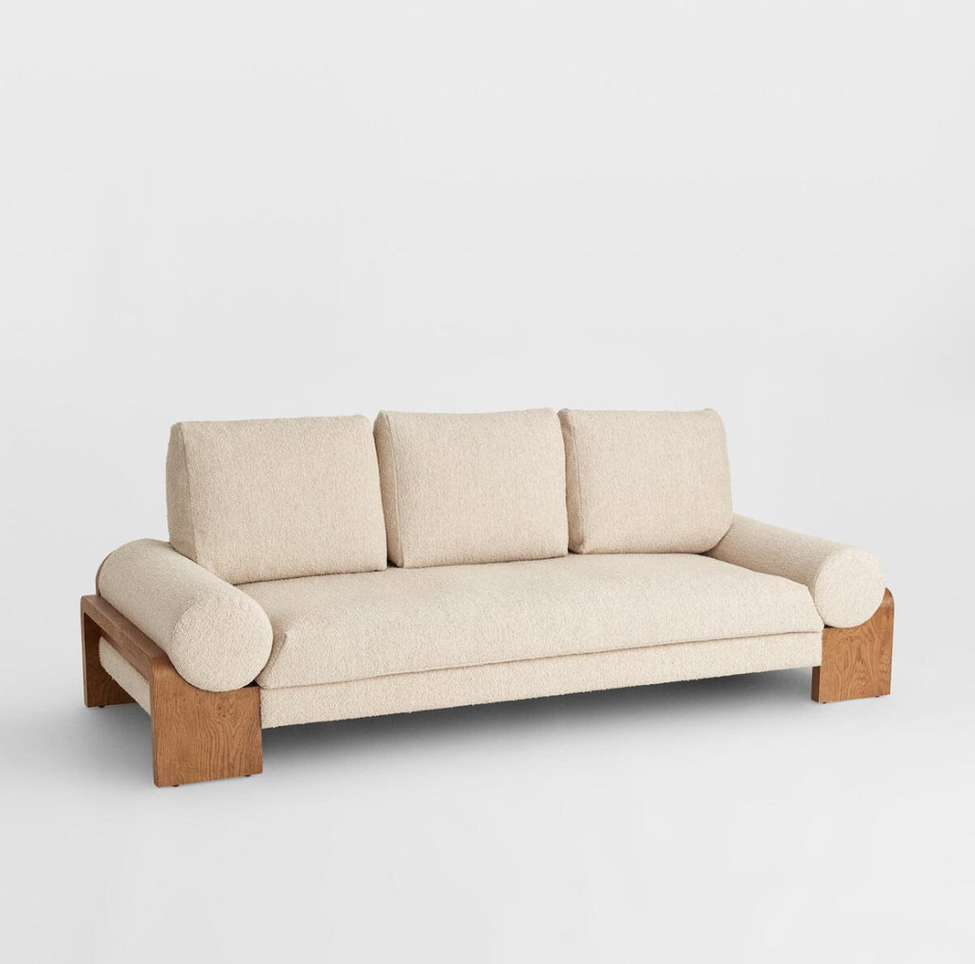 Lucas Upholstered Boucle Natural Wood Sofa Couch - HAVEN'S HOME