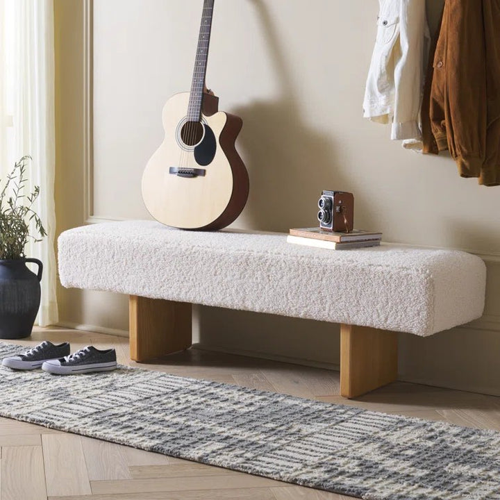 The Cadence Natural Wood Boucle Bench - HAVEN'S HOME